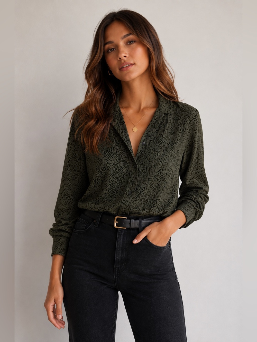 Rails Rebel Silk Speckled Print Olive Green Shirt Size Medium